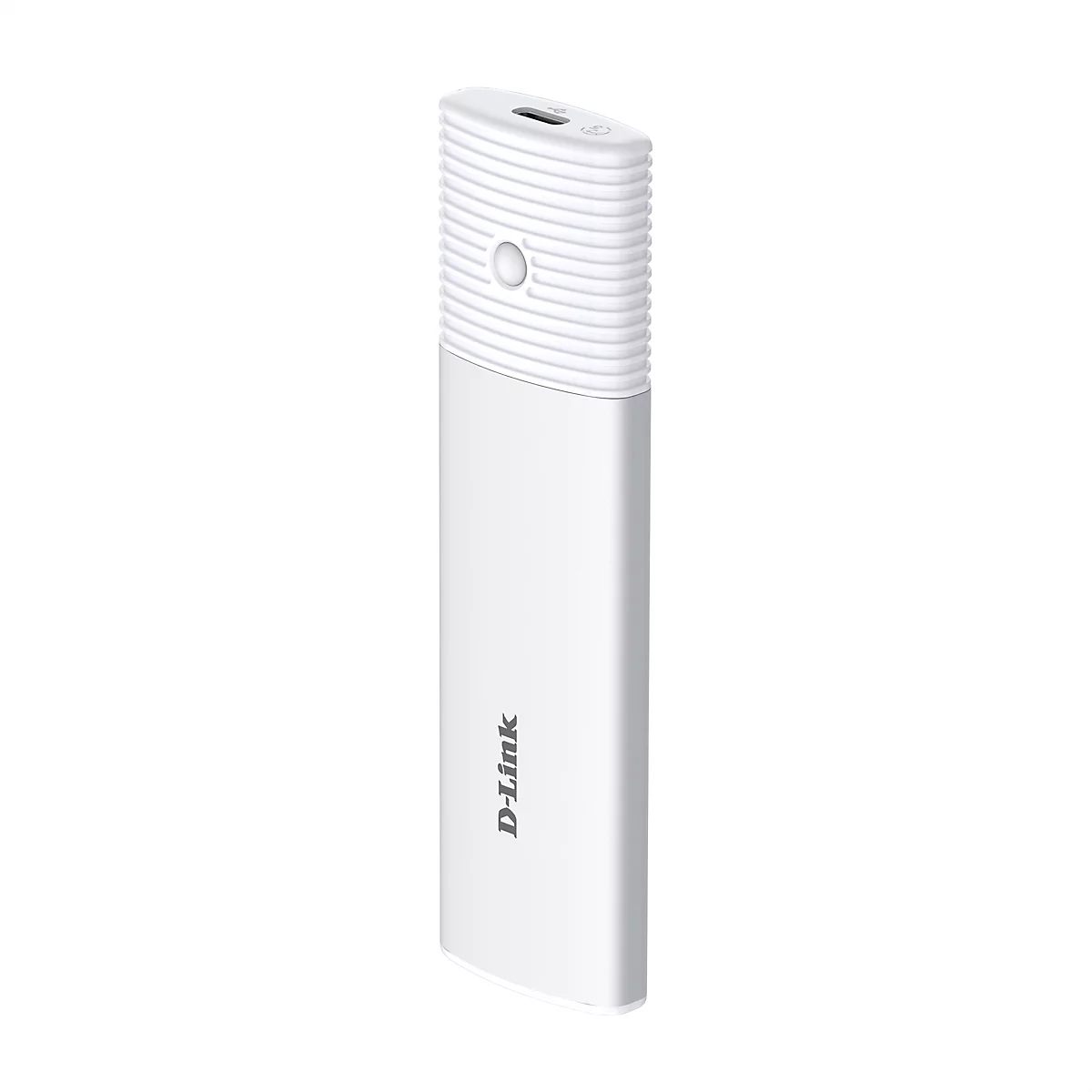 Weißer D-Link WLAN-Adapter in länglicher Stabform mit geripptem Oberteil und USB-Anschluss.