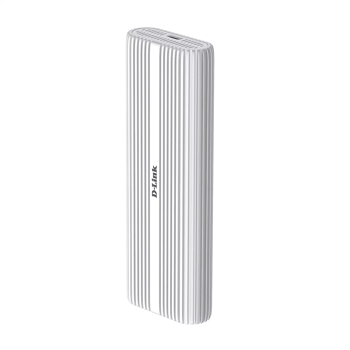 Weiße, längliche D-Link Powerbank mit gerippter Oberfläche und USB-C-Anschluss.