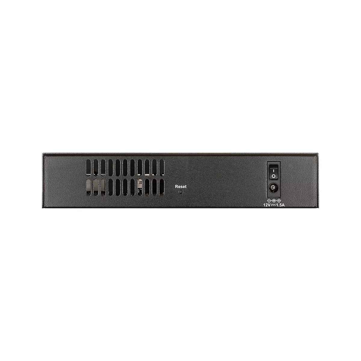 Schwarzes elektronisches Gerät, mit Lüftungsschlitzen, Ein-/Aus-Schalter und Reset-Taste.