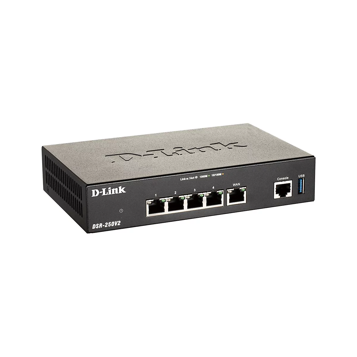 Ein schwarzer D-Link Router, von vorne fotografiert. Oben steht D-Link. Anschlüsse für Kabel, USB und Konsole sind sichtbar.