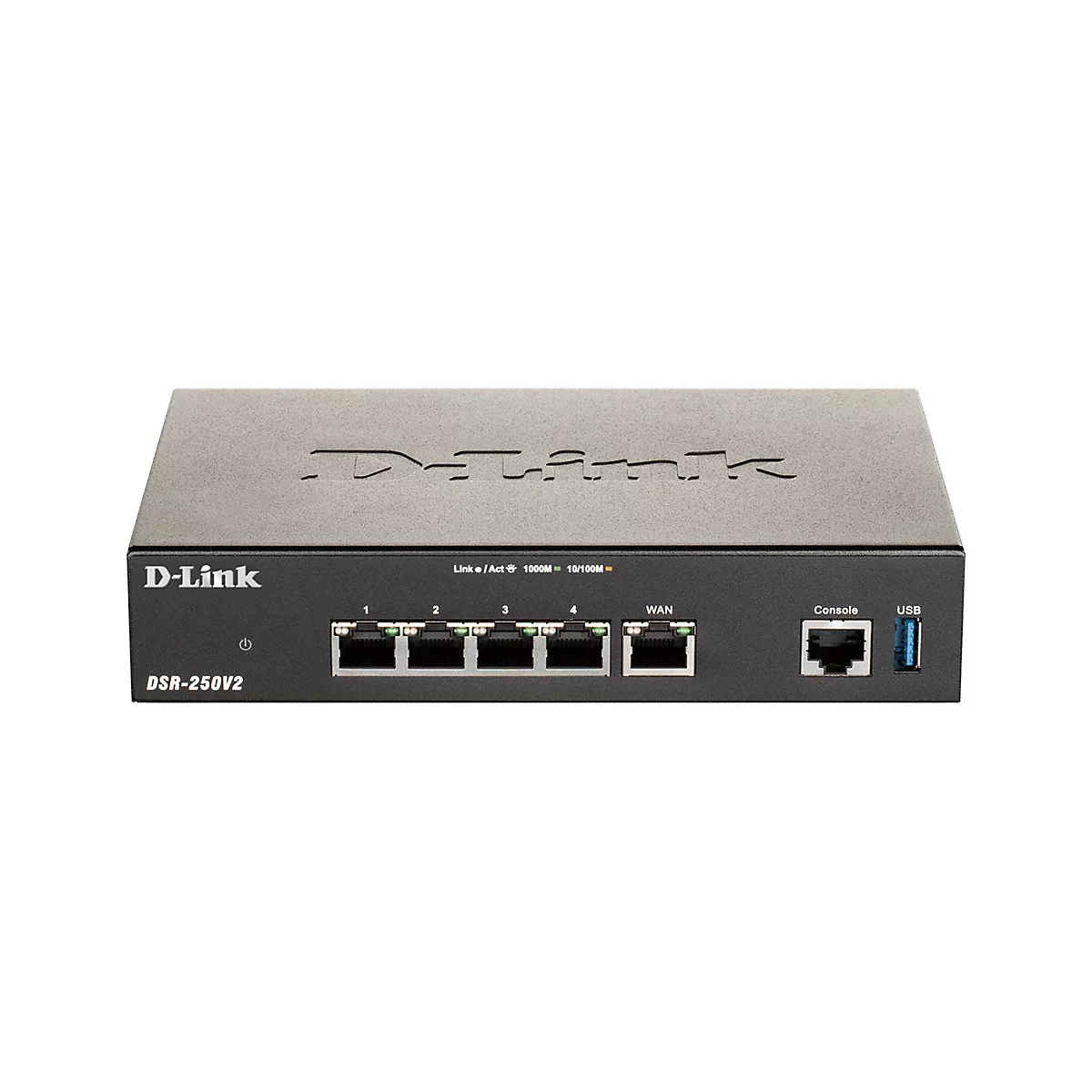 Schwarzer D-Link Router, vorne: 4 LAN, WAN, Console, USB. Logo D-Link.