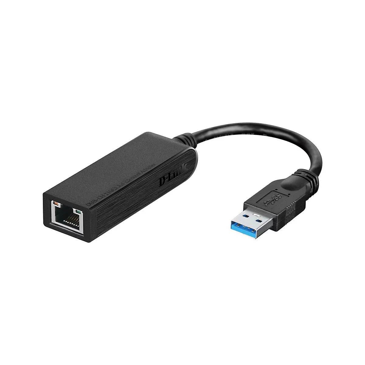 Schwarzer USB-zu-Ethernet-Adapter mit RJ45- und USB-Anschluss. Auf dem GehÃ¤use steht D-Link.