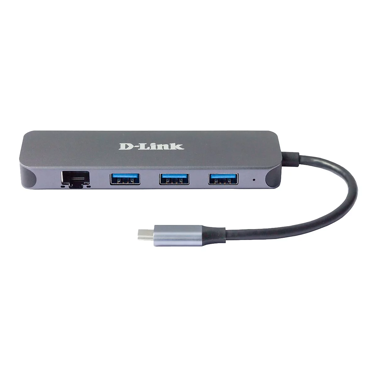 Grauer D-Link USB-Hub mit USB-C Anschluss. Er hat drei USB-A Anschlüsse und einen Ethernet-Port.