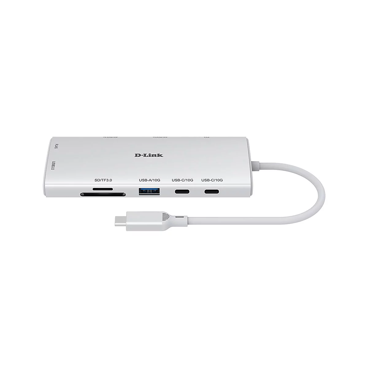 Weißer D-Link USB-C-Hub mit verschiedenen Anschlüssen, inklusive USB 3.0, SD/TF, USB-A und USB-C, mit angeschlossenem USB-C-Kabel.