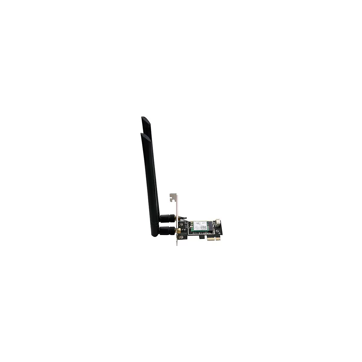 PCIe WLAN-Karte mit zwei schwarzen externen Antennen auf weißem Hintergrund.