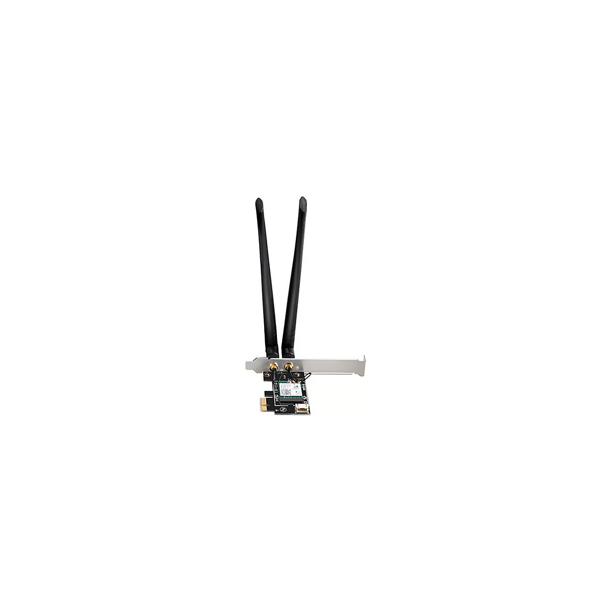 PCIe-WLAN-Karte mit zwei langen, schwarzen Antennen auf einer silbernen Metallblende.