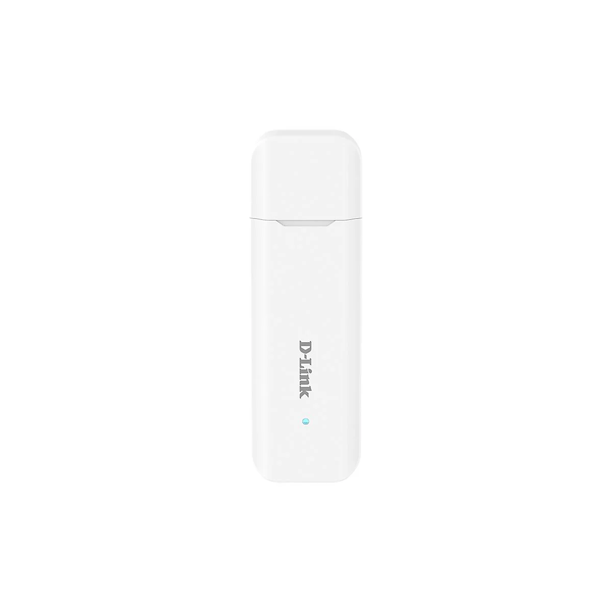 Weißer D-Link USB-WLAN-Adapter vor weißem Hintergrund. Mit D-Link Logo und blauer LED.