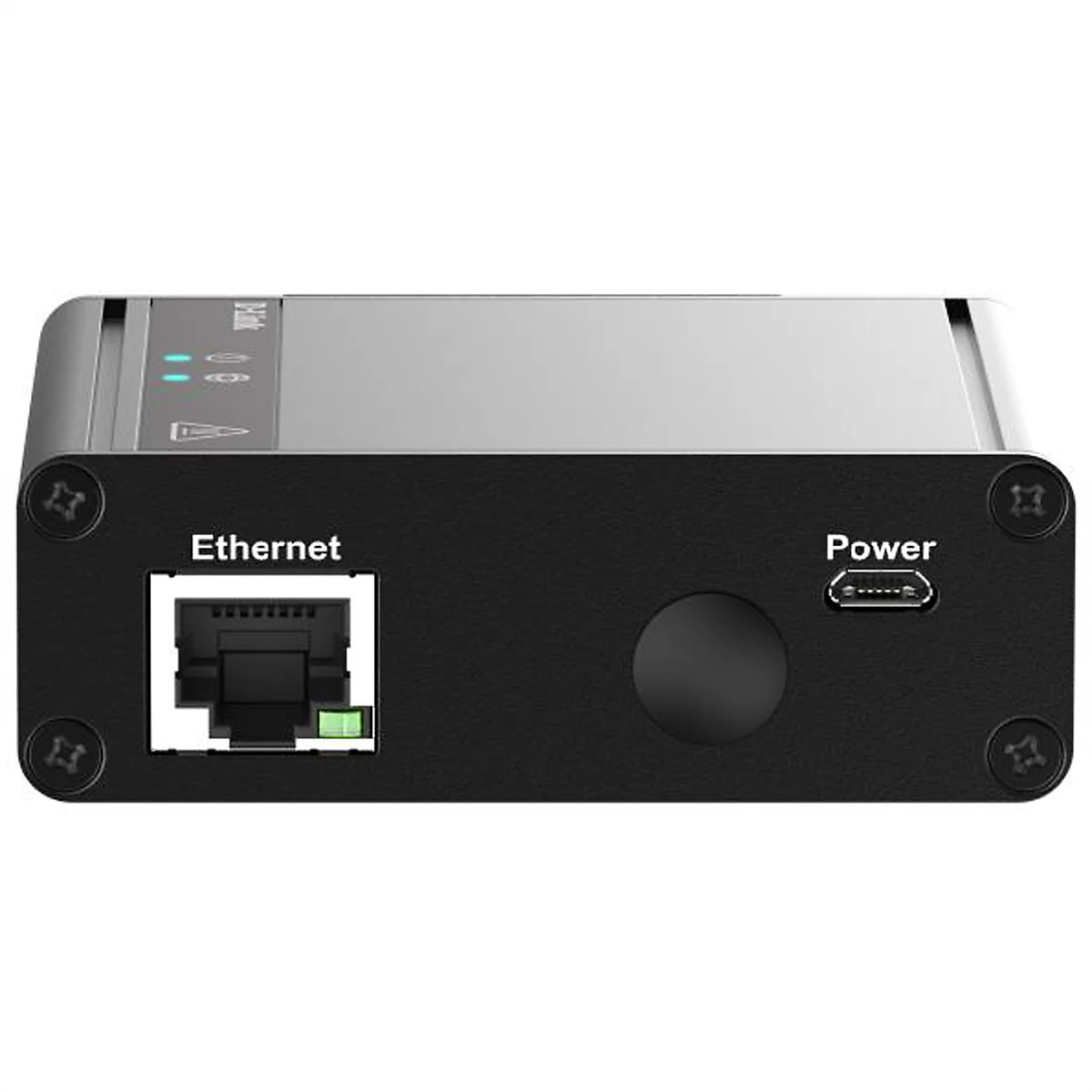 Ein schwarzes Netzwerkgerät mit "Ethernet" und "Power" Anschlüssen. Oben befinden sich Status-LEDs.
