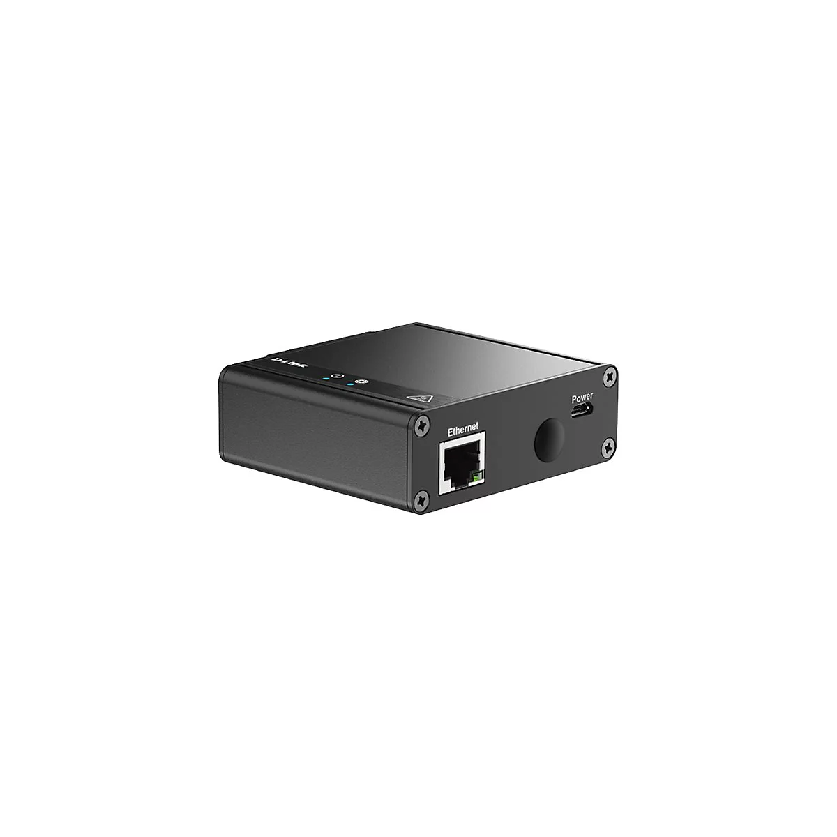 Schwarzes D-Link Ethernet-Gerät. Auf der Vorderseite: „Ethernet“. Rückseite: „Power“-Anschluss und Schrauben.