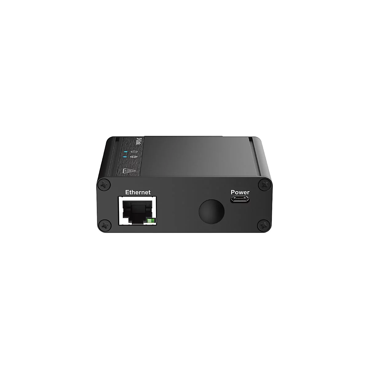 Schwarzes D-Link-Gerät mit Ethernet-Anschluss, Power-Port und LED-Anzeigen.
