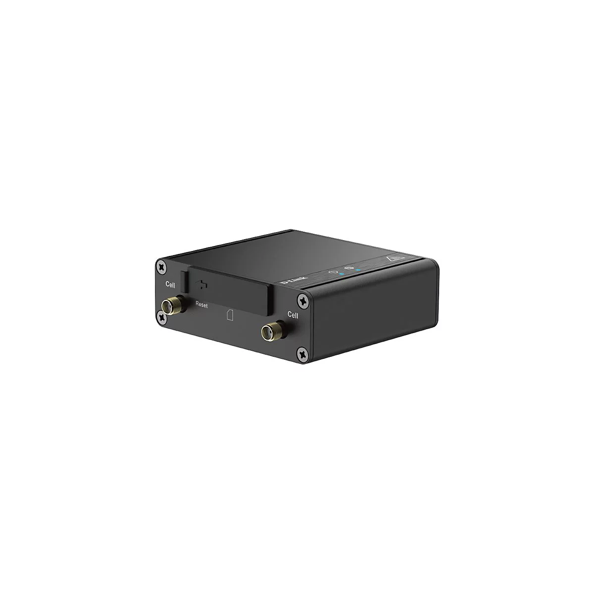 Schwarzer D-Link Router. Zwei Anschlüsse für Cell, Reset-Knopf, Power-LEDs.