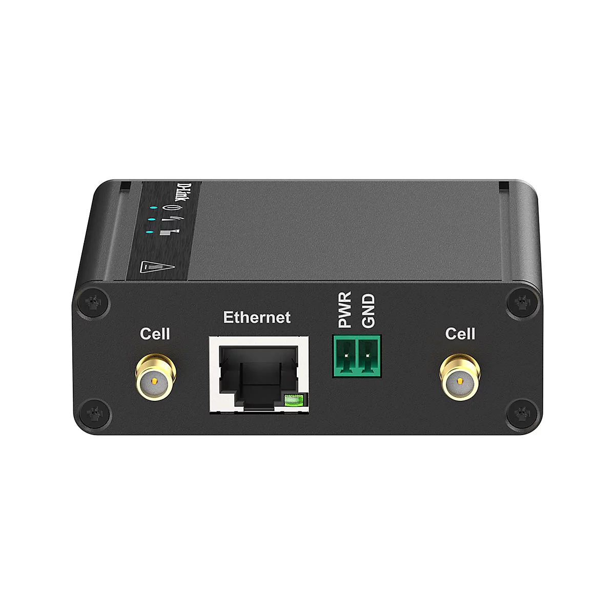 Schwarzes D-Link Gerät mit Anschlüssen für Ethernet, Strom, Erdung und Antennen. Auf der Oberseite sind Status-LEDs.