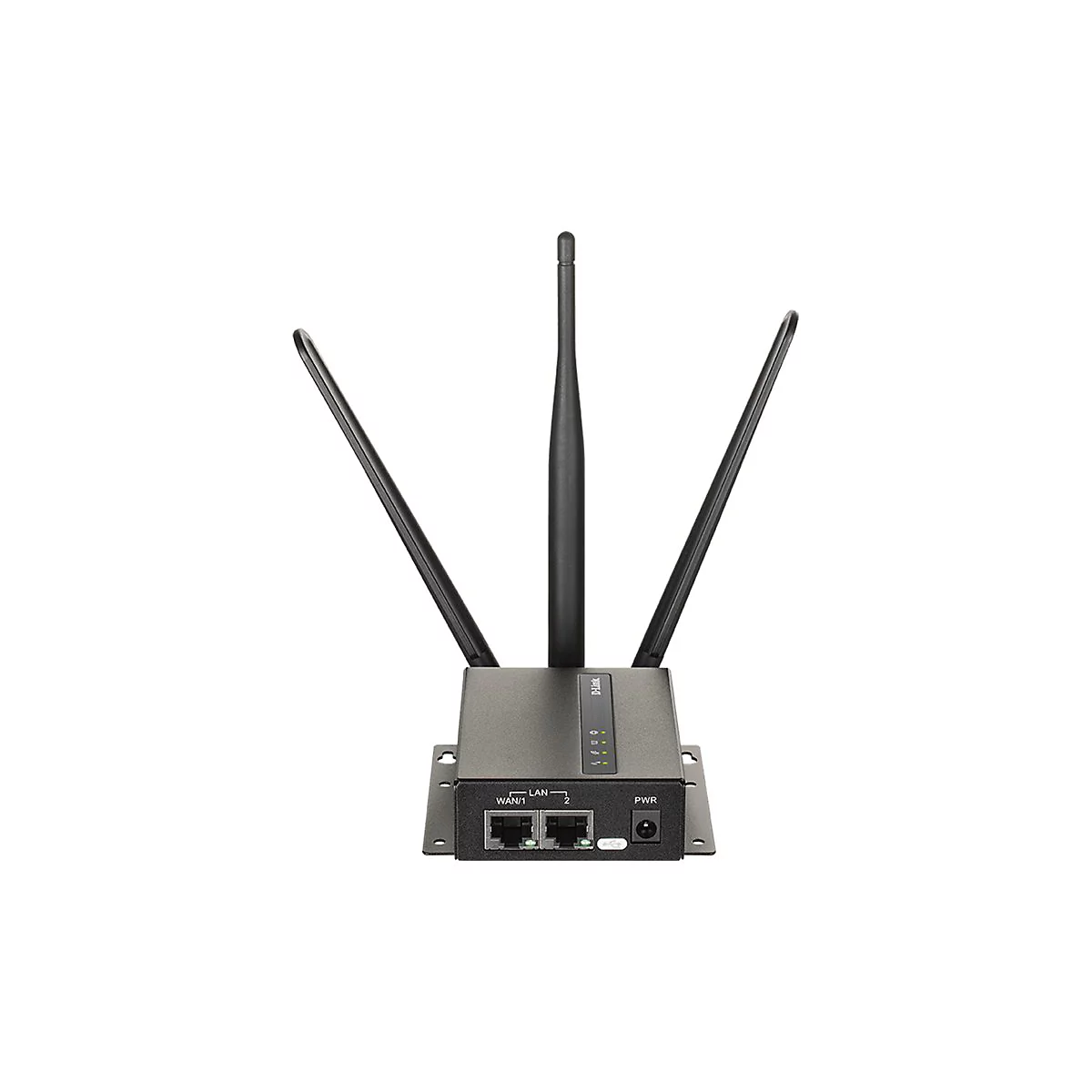 Schwarzer Router mit drei Antennen, beschriftet mit LAN, WAN und PWR.