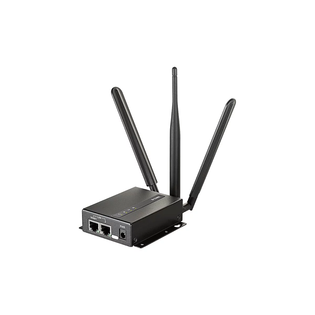 Schwarzer WLAN-Router mit drei Antennen, Anschlüssen und Anzeigen, vor weißem Hintergrund.
