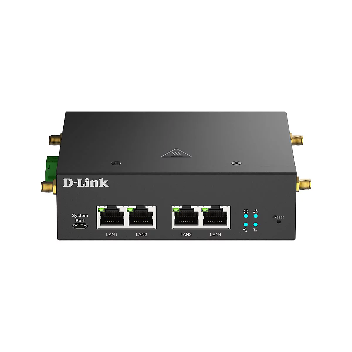 Dunkelgrauer D-Link-Router mit LAN-Ports, Leuchten und Antennen. Aufschrift: LAN1, LAN2, LAN3, LAN4. Mit Reset-Knopf.