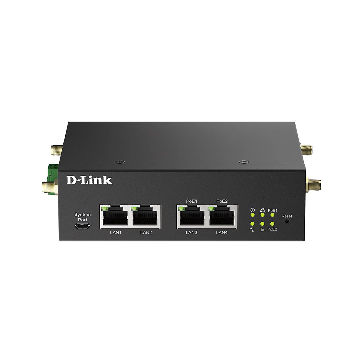 Ein schwarzes D-Link-Netzwerkgerät mit Anschlüssen und Kontrollleuchten. Aufschrift: "D-Link", "LAN1-4", "PoE1-2", "Reset".