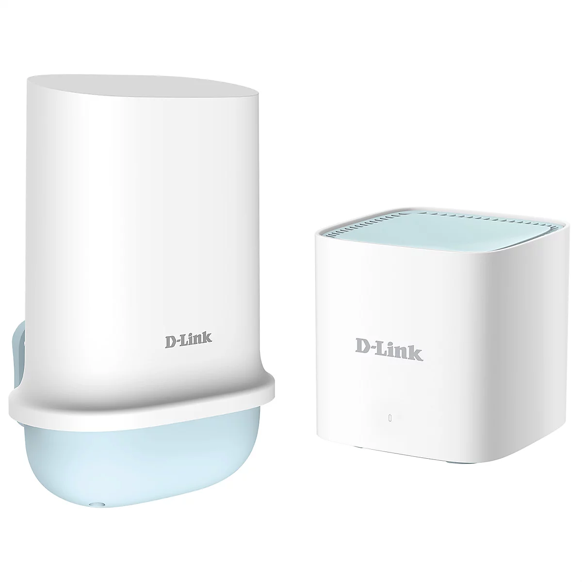 Zwei weiße D-Link-Router mit hellblauem Akzent. Einer ist hoch und zylindrisch, der andere quadratisch.