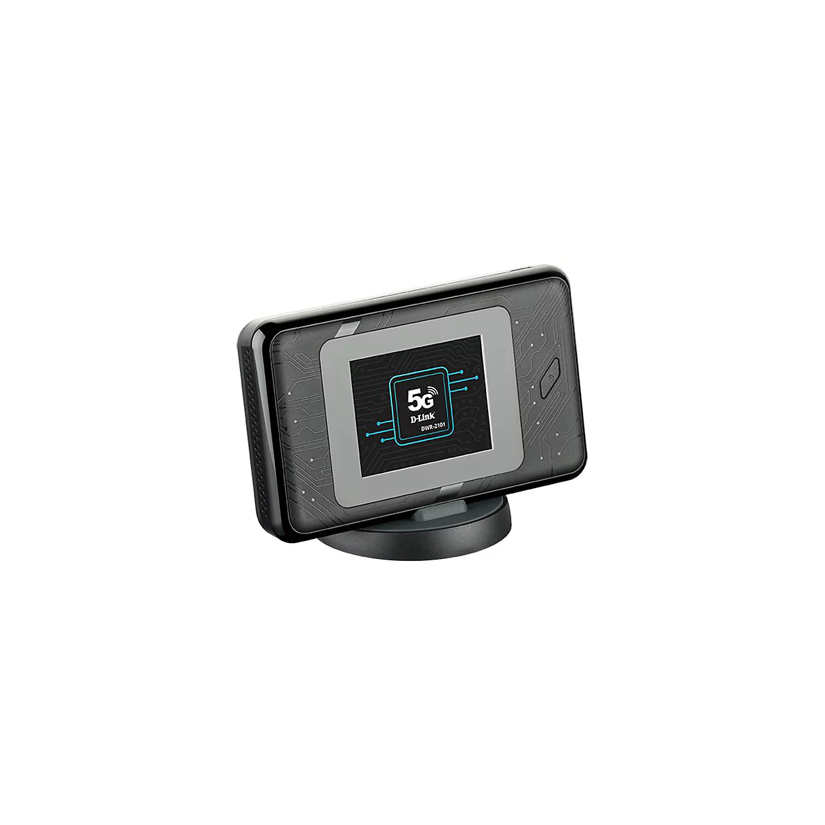 Drahtloses 5G-Modem auf einer Halterung. Schwarzes Gehäuse, Display mit Logo und technischen Daten, D-Link. Grauer Rahmen.