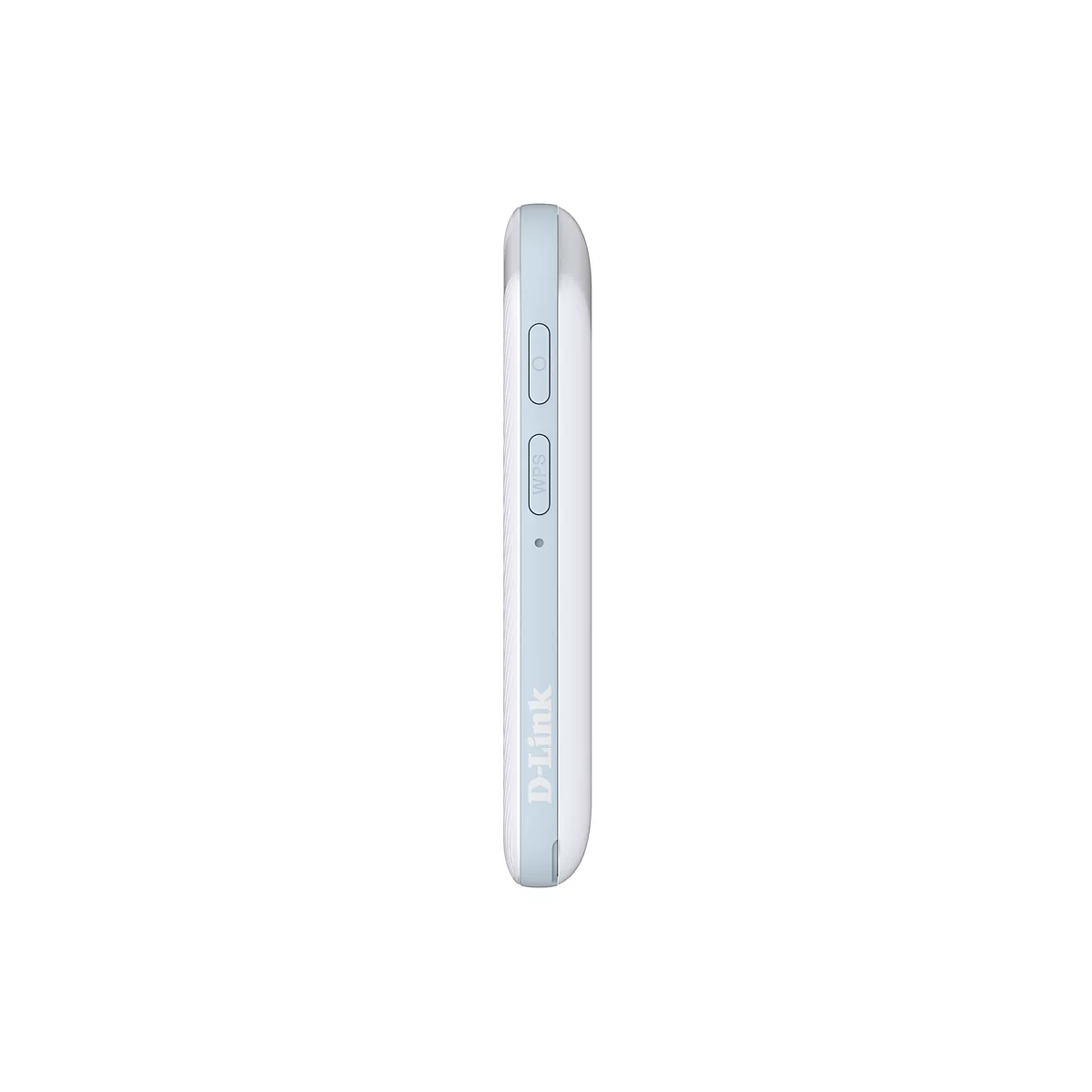 Un appareil D-Link blanc vu de côté, avec des accents bleus, un bouton WPS et un logo.