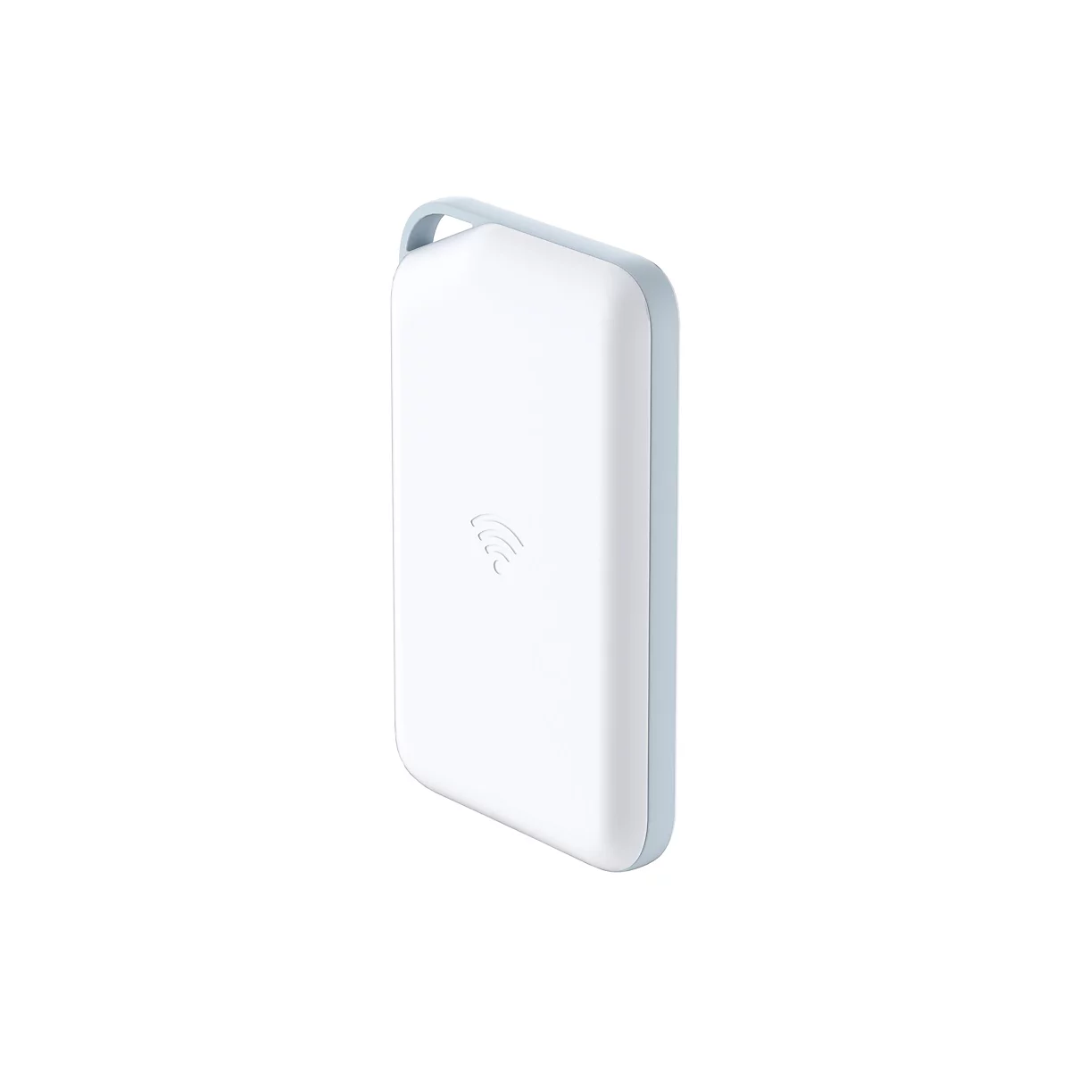 Un appareil blanc et rectangulaire avec des coins arrondis et une boucle. Un symbole Wi-Fi est visible sur la surface.