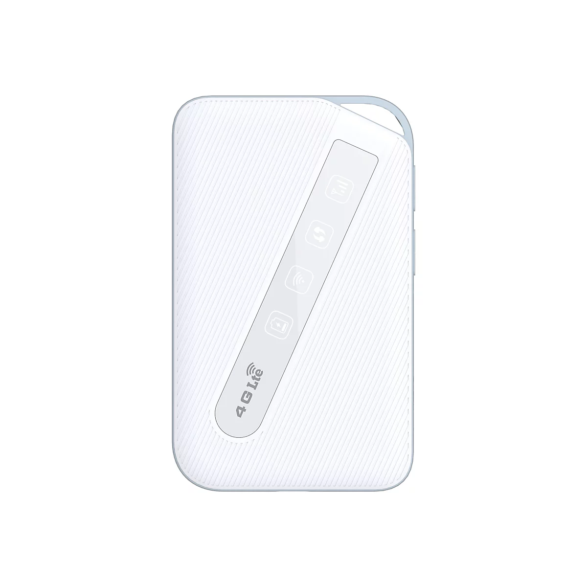 Modem mobile 4G LTE blanc et rectangulaire. La face avant comporte des icônes pour la force du signal, le wifi, la batterie et le flux de données.