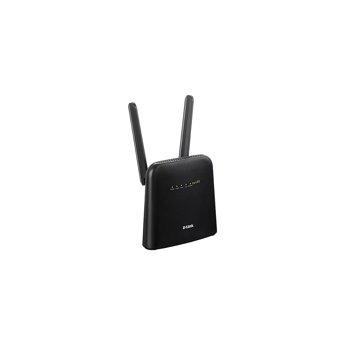 Schwarzer WLAN Router mit zwei Antennen und Leuchtanzeigen, vor weißem Hintergrund. D-Link Logo.