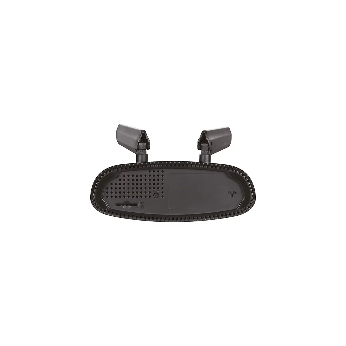 Schwarzer Router mit zwei Antennen. Er hat einen Reset-Knopf und eine SIM-Karte-Öffnung.