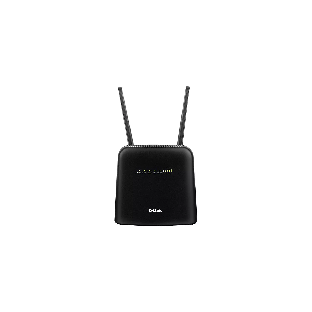 Schwarzer WLAN-Router mit zwei Antennen. Die Vorderseite zeigt Status-LEDs und das D-Link-Logo.