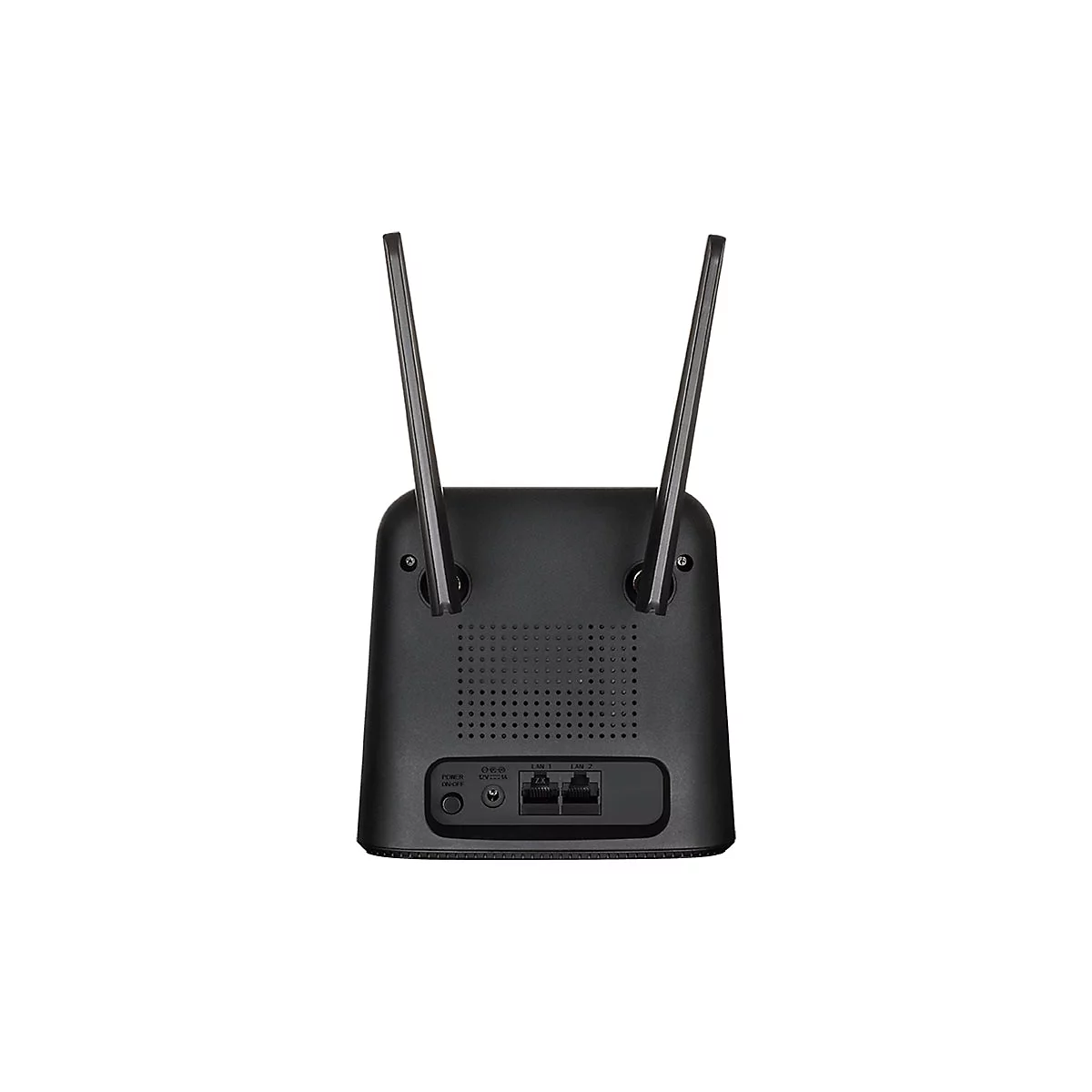 Schwarzer Router mit zwei Antennen. Unten sind Anschlüsse, Power-Taste und LED-Anzeigen zu sehen.