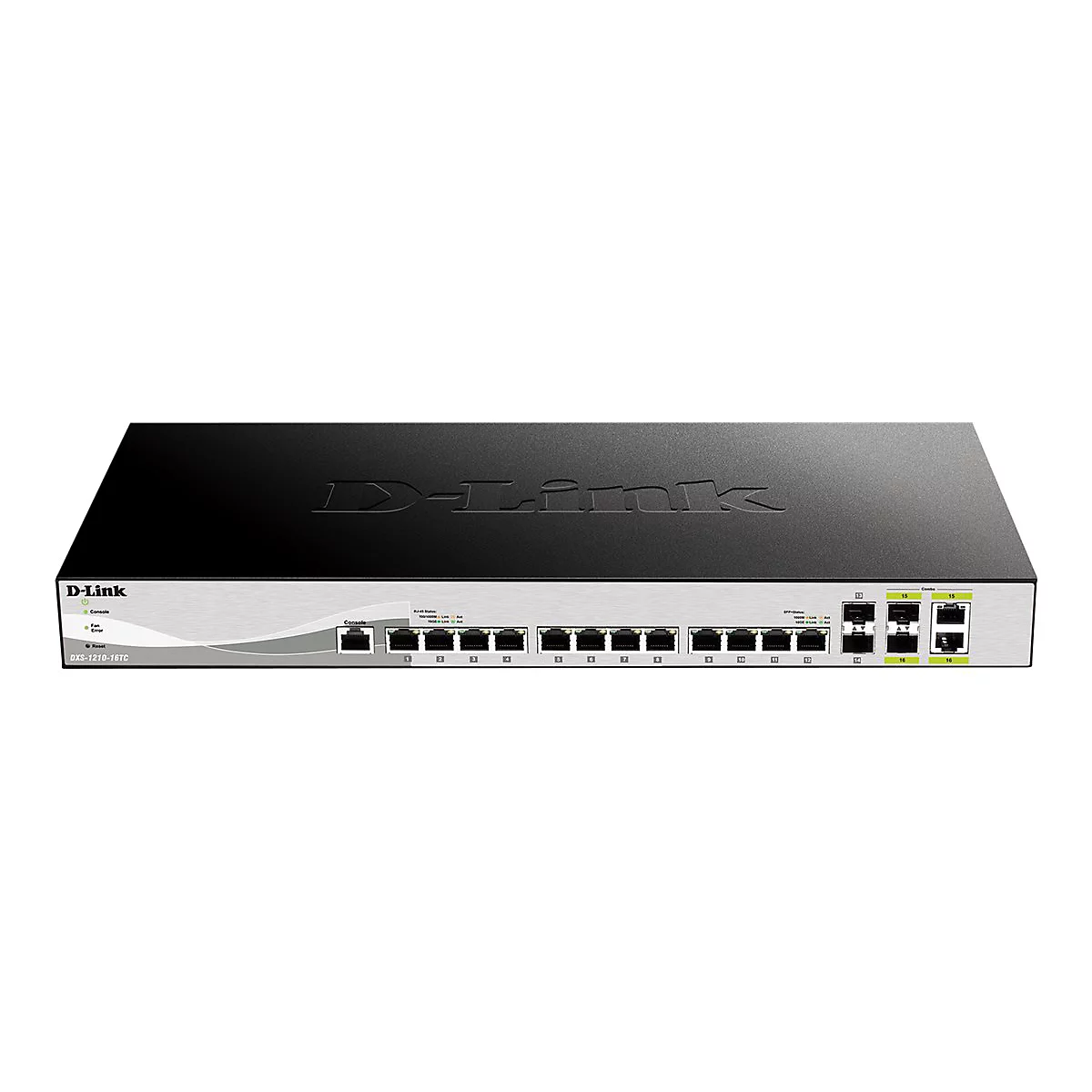Schwarzer D-Link Switch. Silberne Front mit Anschlüssen, schwarzer Deckel. Aufschrift D-Link.