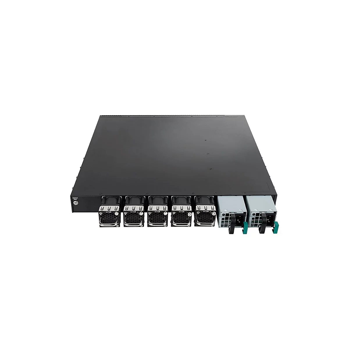 Schwarzer Netzwerk-Switch, Ansicht von oben. Sechs Lüfter, zwei Netzteile, Beschriftung SWITCH/GND.