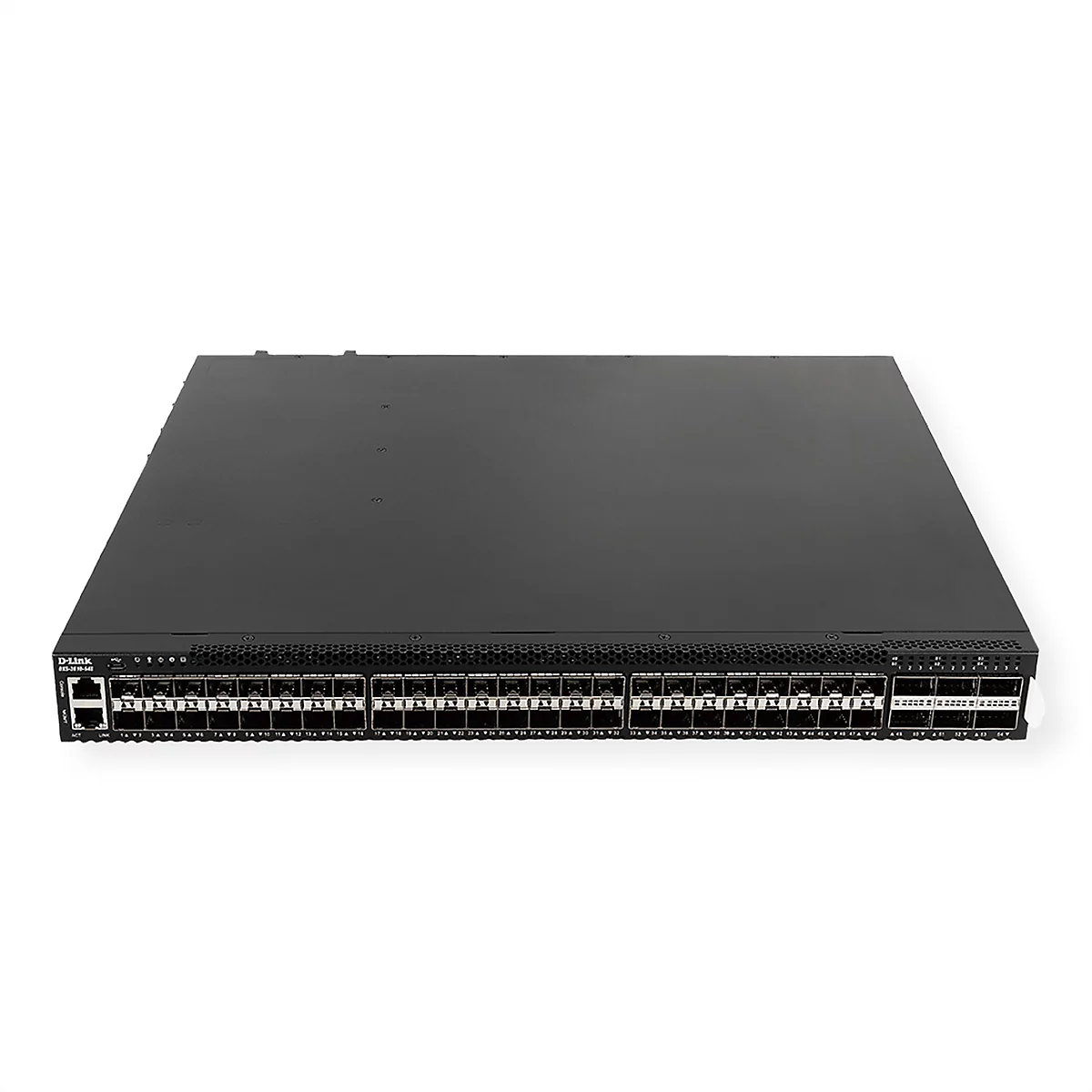 Schwarzer D-Link Netzwerk-Switch DXS-3610-54S mit zahlreichen Frontanschlüssen auf weißem Hintergrund.