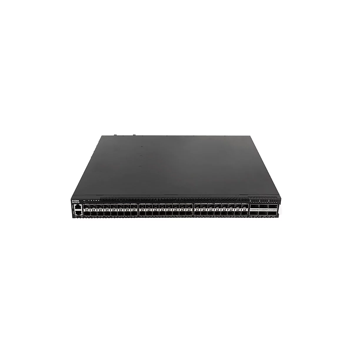 Ein schwarzer D-Link-Switch mit zahlreichen Anschlüssen. Der Switch ist auf einem weißen Hintergrund abgebildet.