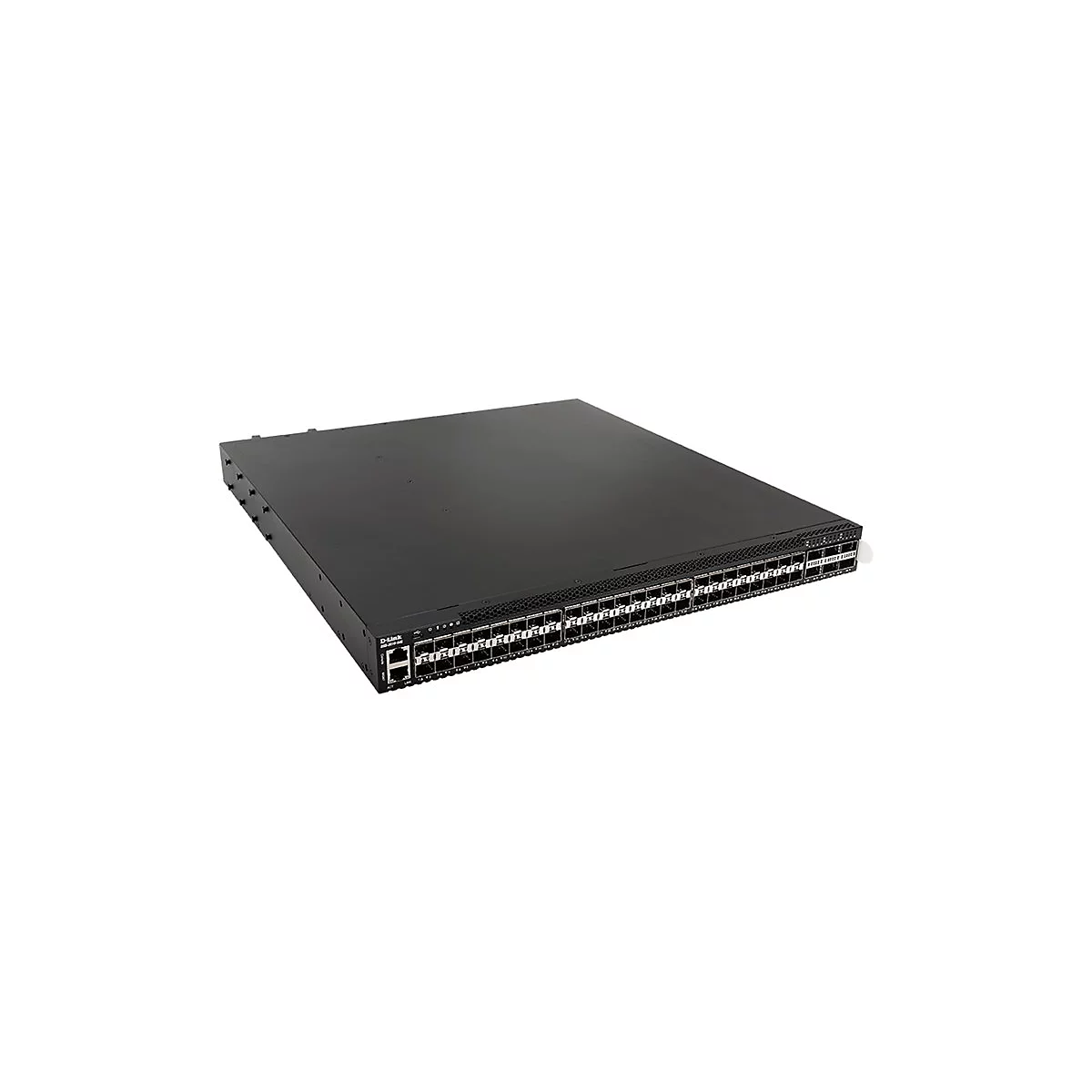 Ein schwarzer D-Link Netzwerkswitch mit vielen Anschlüssen. Seitlich steht der Schriftzug "D-Link".