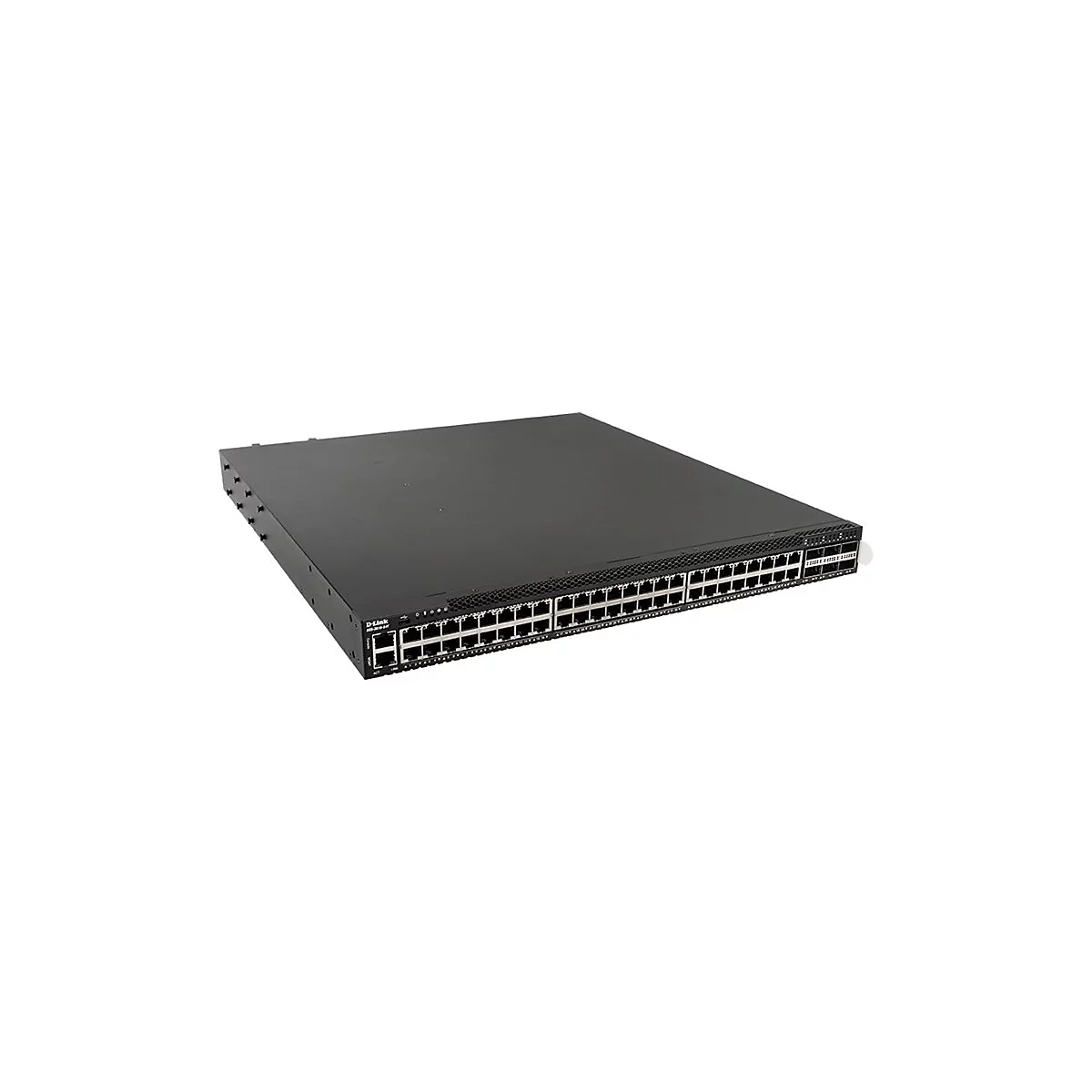Schwarzer Netzwerk-Switch mit vielen Ports. Das D-Link-Logo ist sichtbar.