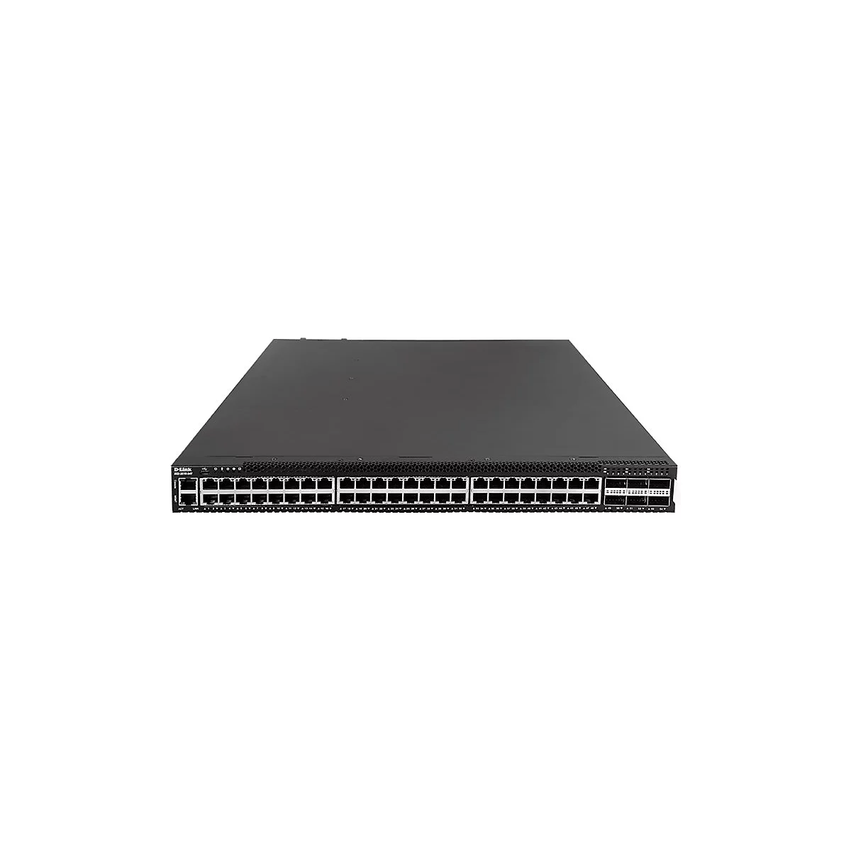 Ein schwarzer D-Link Netzwerkswitch mit zahlreichen Anschlüssen vor weißem Hintergrund.