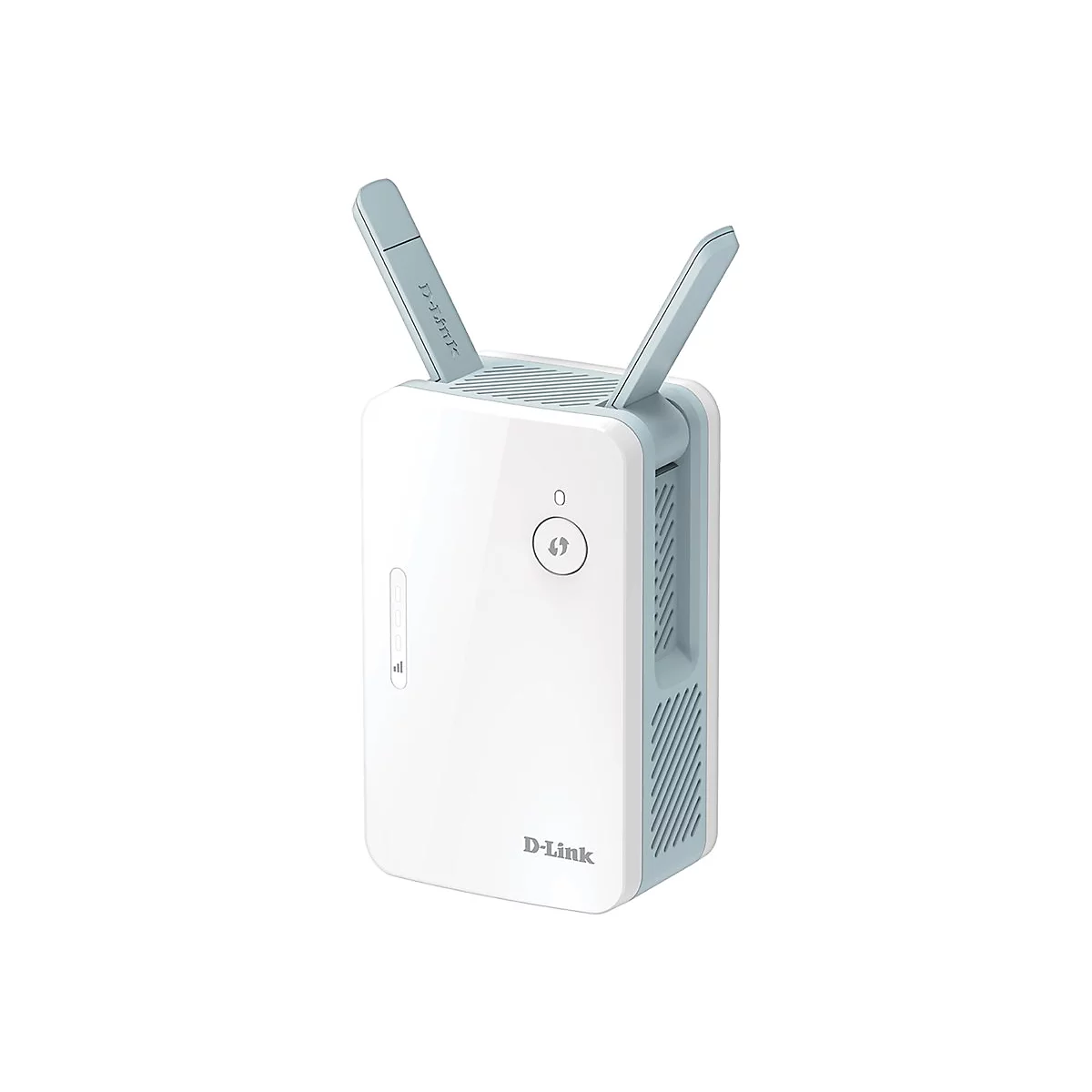 Weißer D-Link WLAN-Repeater mit zwei blauen Antennen, Knöpfen und Lüftungsschlitzen.