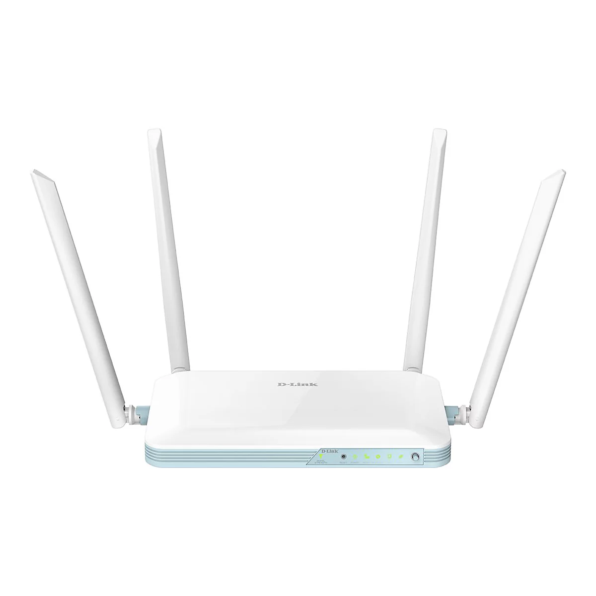 Ein weißer D-Link WLAN-Router mit vier Antennen. Blaue Zierleiste. Oben steht D-Link. Leuchtende Kontrollleuchten.