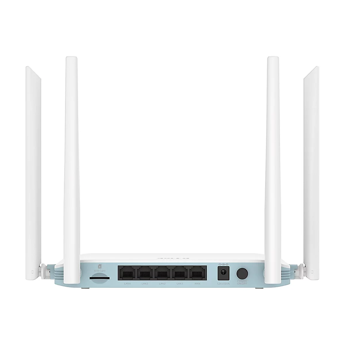 Ein Router mit Antennen, Steckplätzen und Beschriftungen wie LAN, WAN und Power.