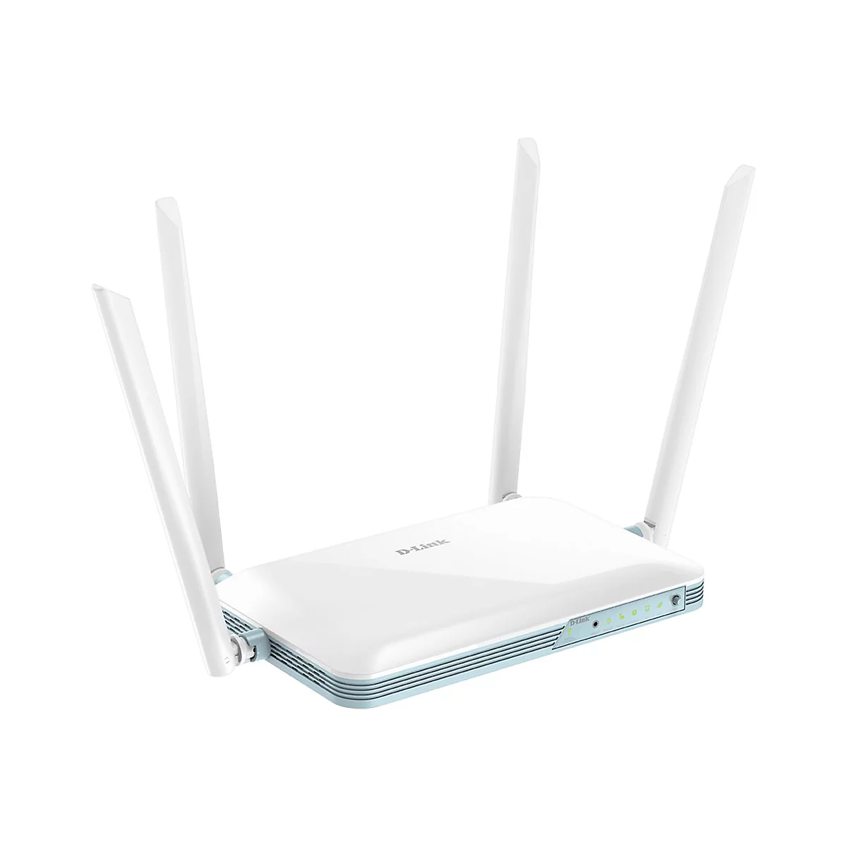 Ein weißer D-Link Router mit vier Antennen, hellblau abgesetzt.