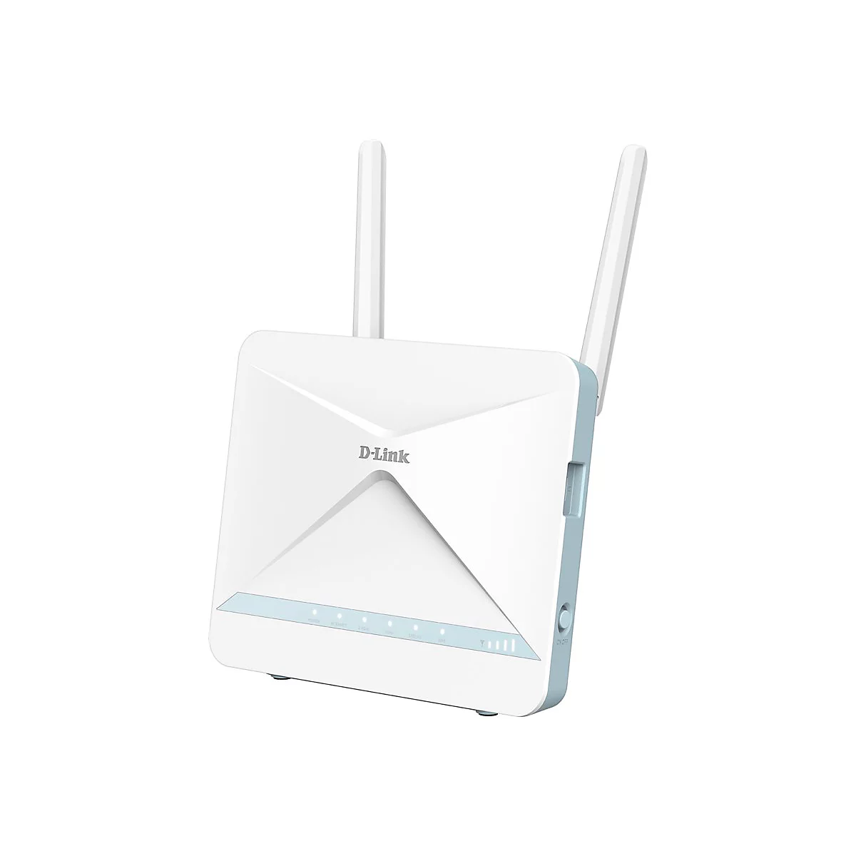 Ein weißer D-Link WLAN-Router mit zwei Antennen und blauen Akzenten. Oben: Antennen, Mitte: D-Link Logo, Unten: LEDs und Ein/Aus-Schalter.