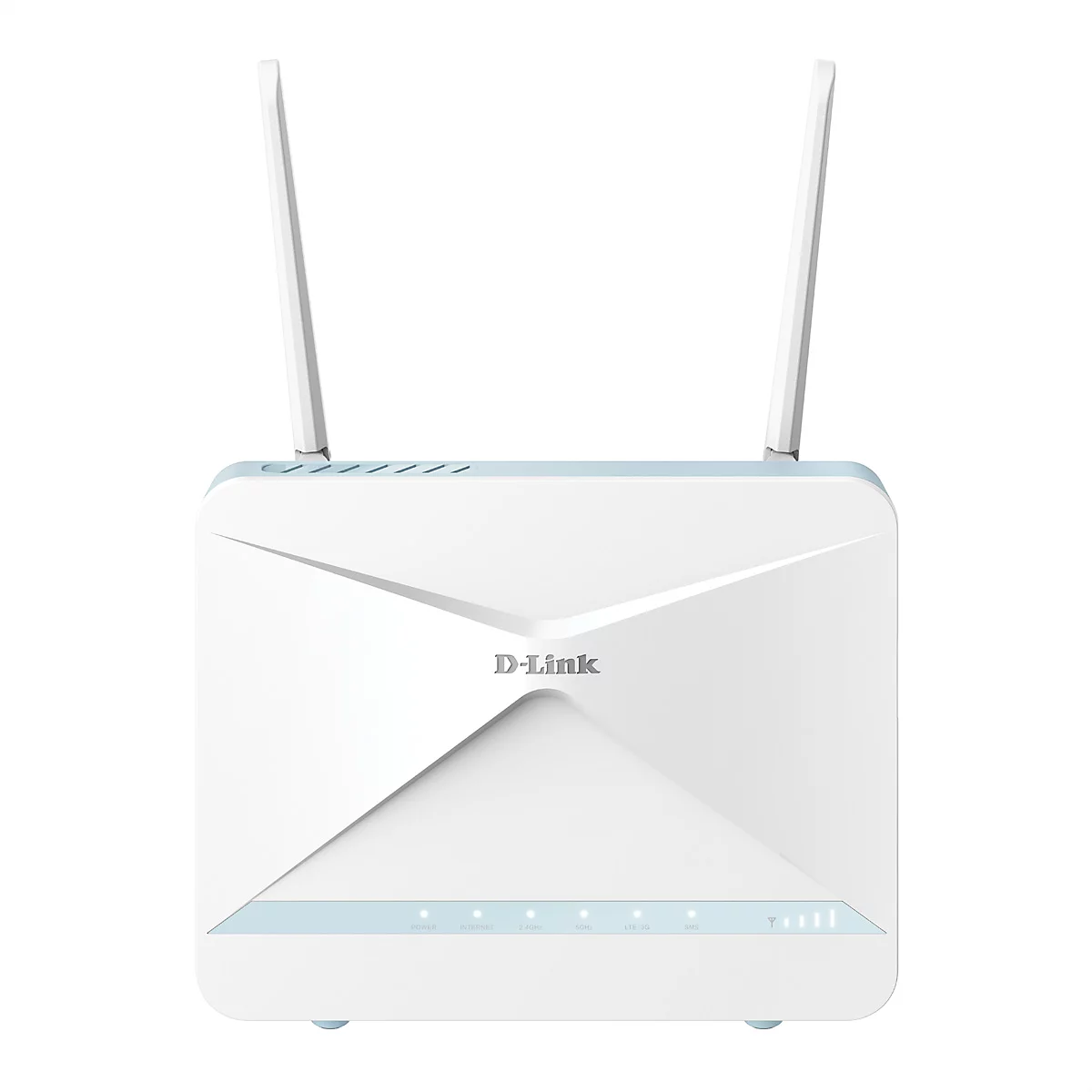 Weißer D-Link Router mit zwei Antennen. Am unteren Rand befinden sich mehrere Leuchten. Das Gerät steht vor weißem Hintergrund.