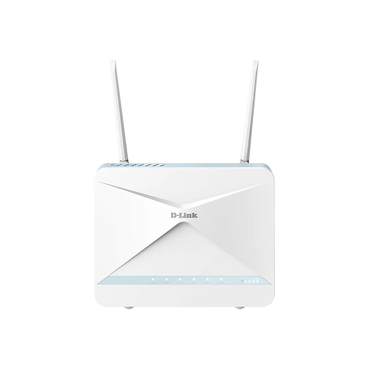Ein weißer D-Link Router mit zwei Antennen. Am unteren Rand befinden sich mehrere Kontrollleuchten.