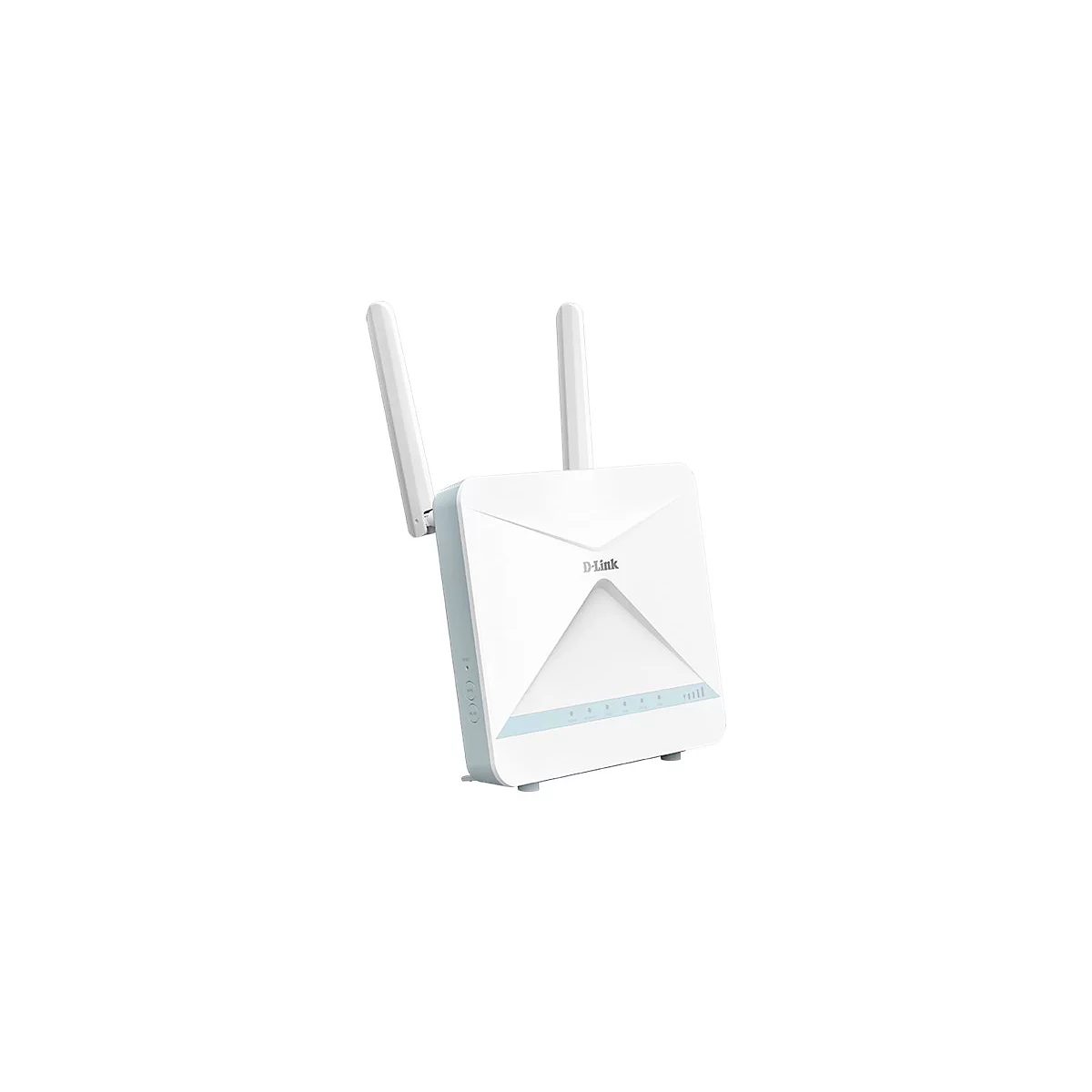 Weißer D-Link WLAN-Router. Er hat zwei Antennen, blaue Akzente und blaue LED-Leuchten. Das Gerät steht leicht schräg.