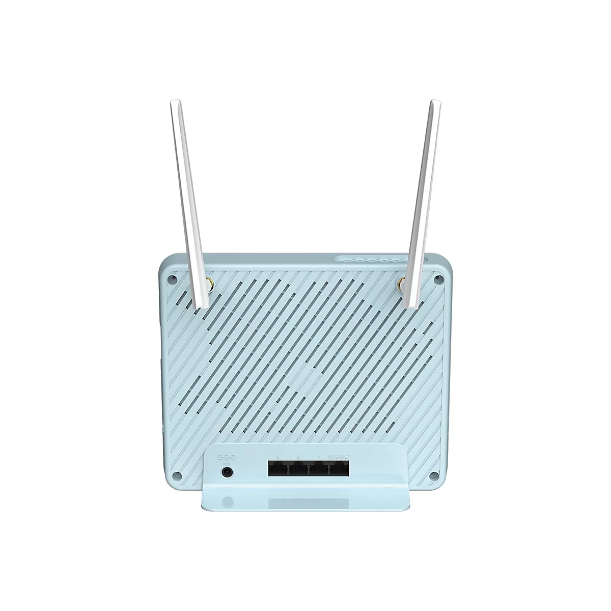 Hellblauer WLAN-Router mit zwei Antennen. Unten befindet sich eine Reihe von Anschlüssen, beschriftet mit "INTERNET".