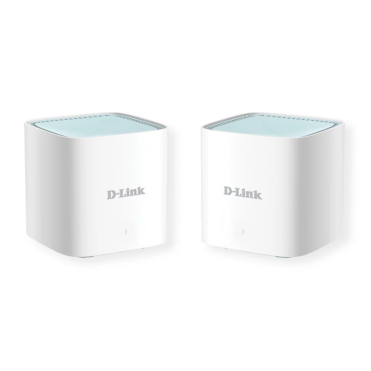 Zwei weiße, quaderförmige D-Link WLAN-Router mit hellblauer Oberseite vor weißem Hintergrund.