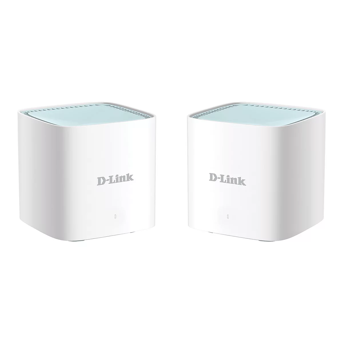 Zwei weiße D-Link-Router mit hellblau abgesetzten Deckeln und dem Schriftzug "D-Link" auf der Vorderseite.