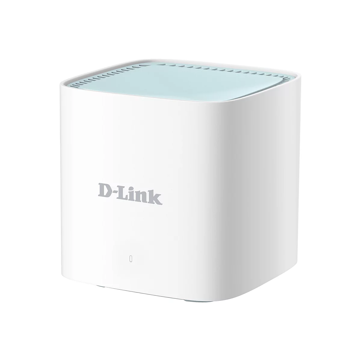 Ein weißer, zylinderförmiger Router mit blaugrüner Oberseite. Der Router trägt den Schriftzug 'D-Link'.