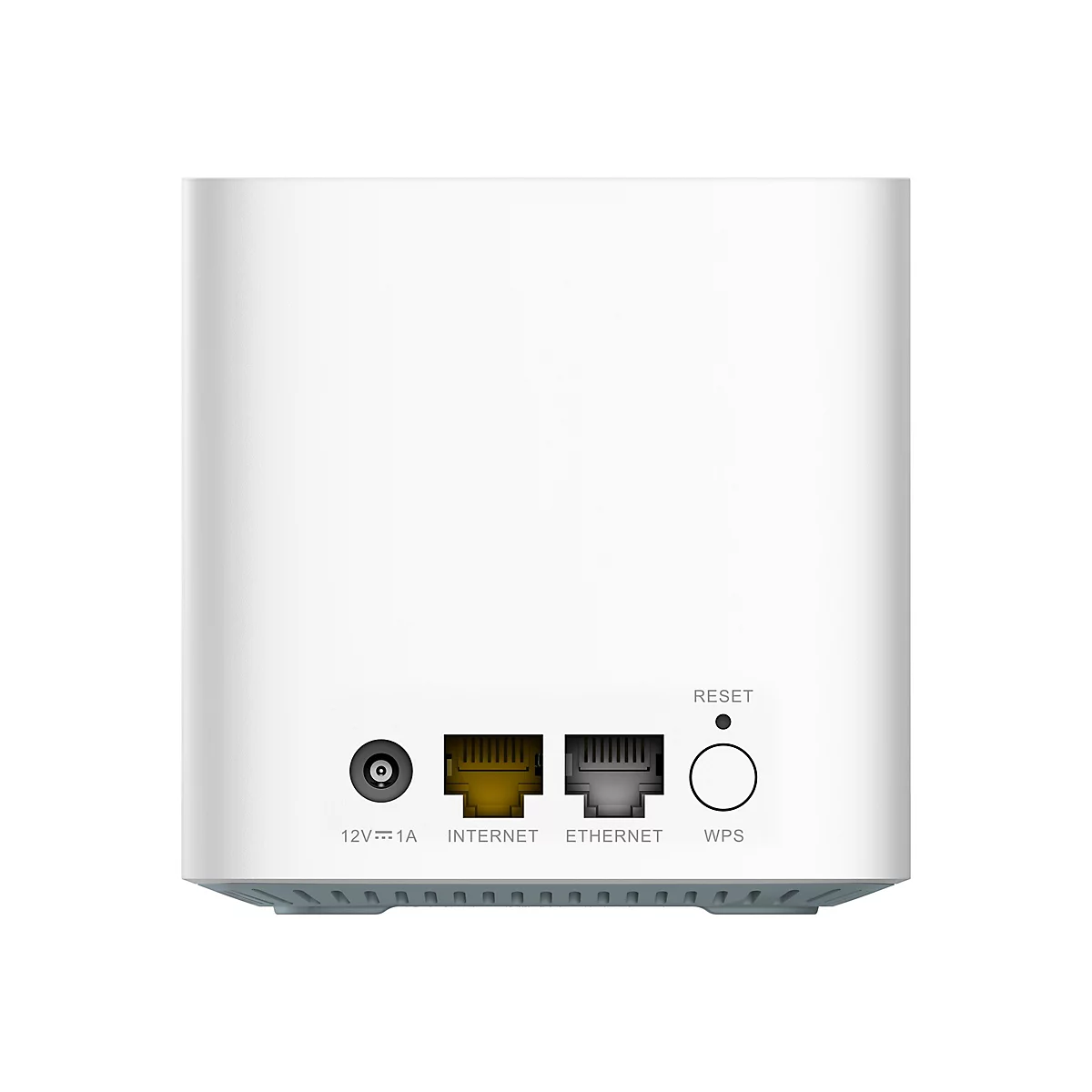 Rückseite eines weißen Routers mit Anschlüssen für Internet, Ethernet, Strom und Reset-Taste.