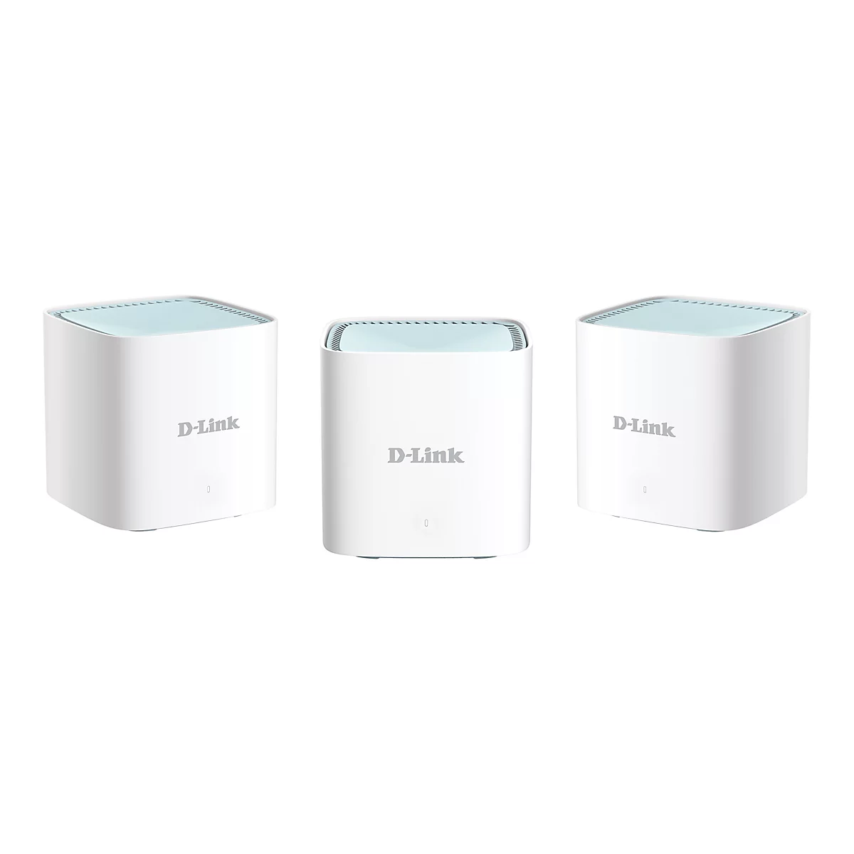 Drei weiße D-Link Router mit hellblauen Oberseiten auf weißem Grund. Die Geräte zeigen das D-Link Logo.